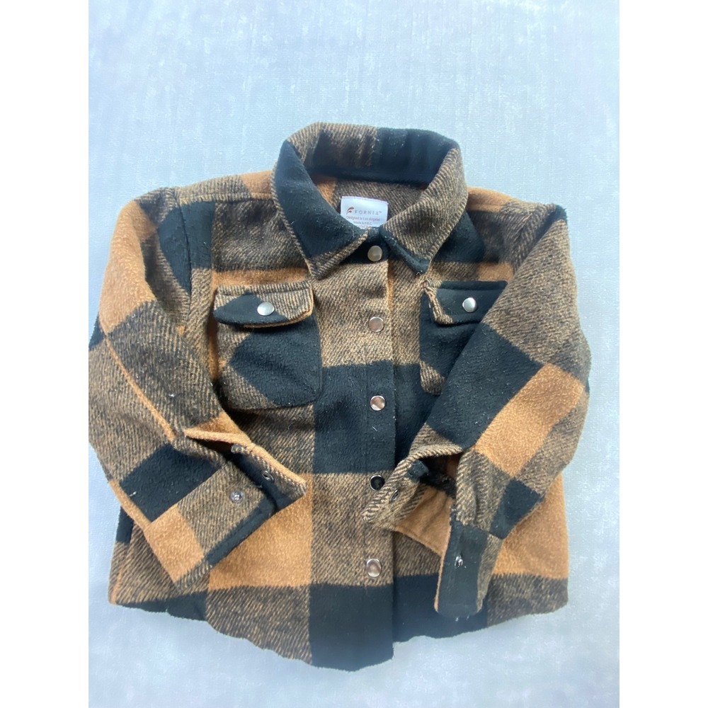 Fornia Kids Brown Black Buffalo Plaid Shacket Fleece Shirt Jacket 3T